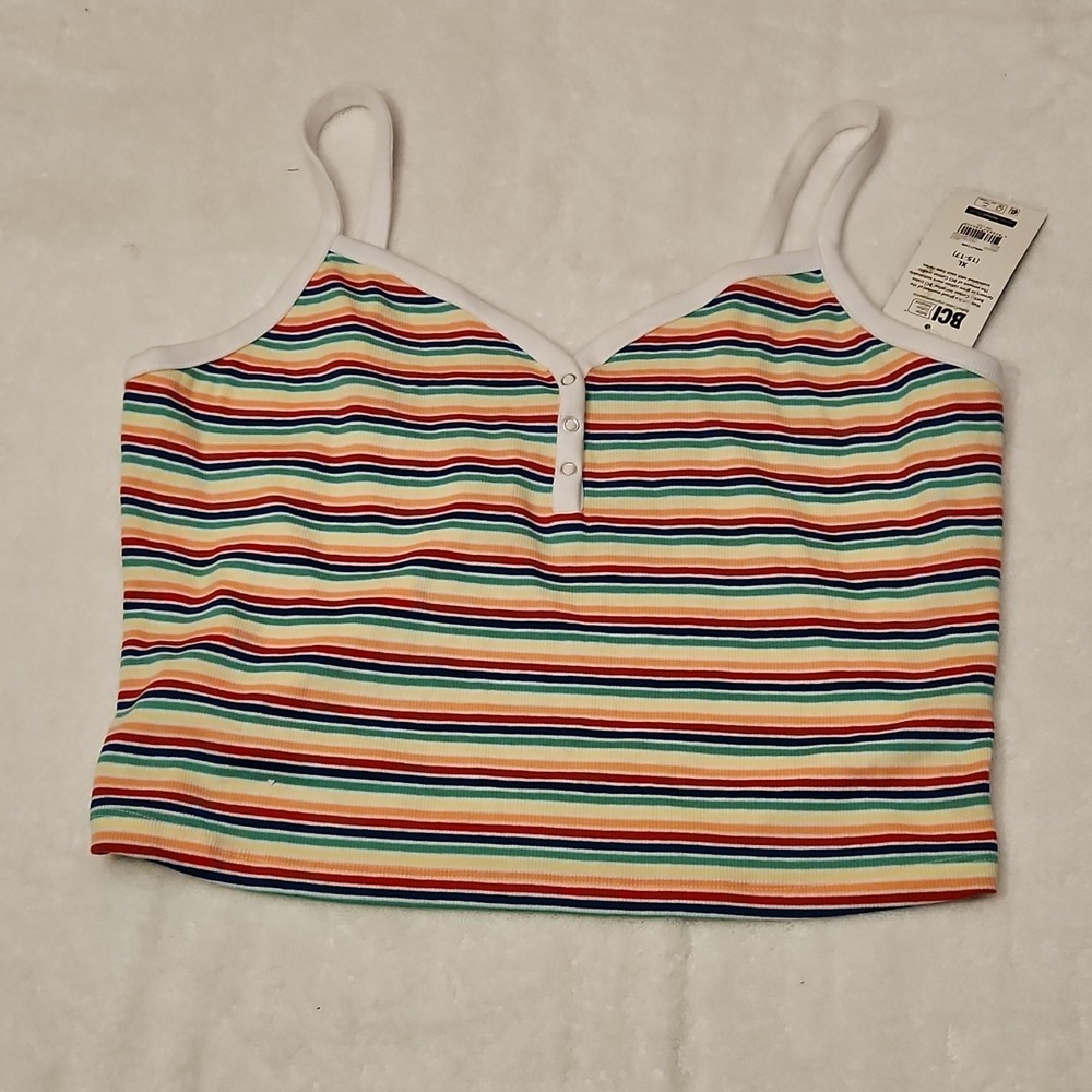 BCI Girls XL Multicolor Striped Henley Cami Sleeveless Top Button Accent